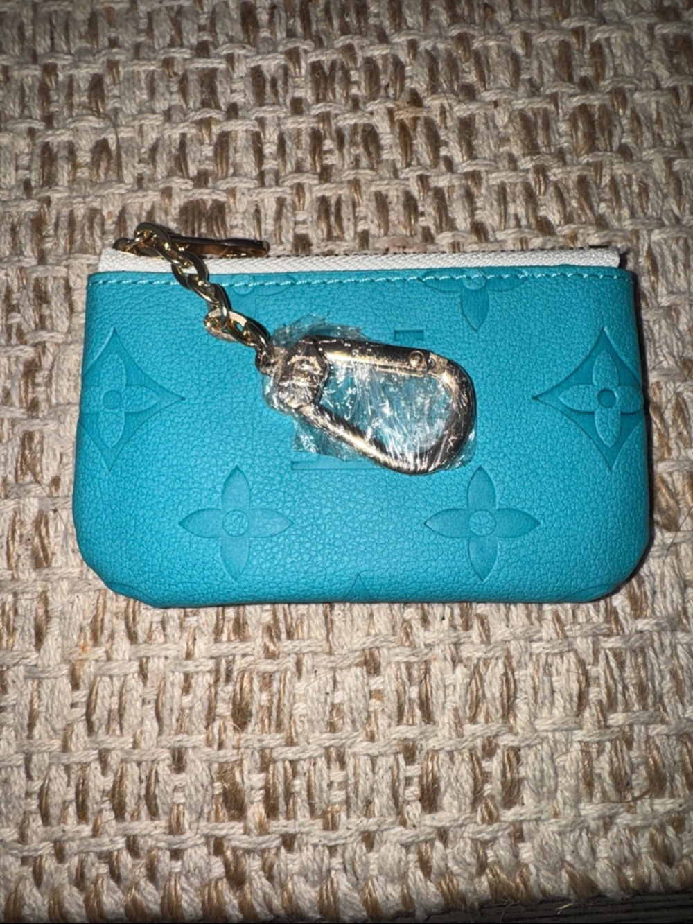 Teal Embossed Leather Coin Pouch with Gold Chain